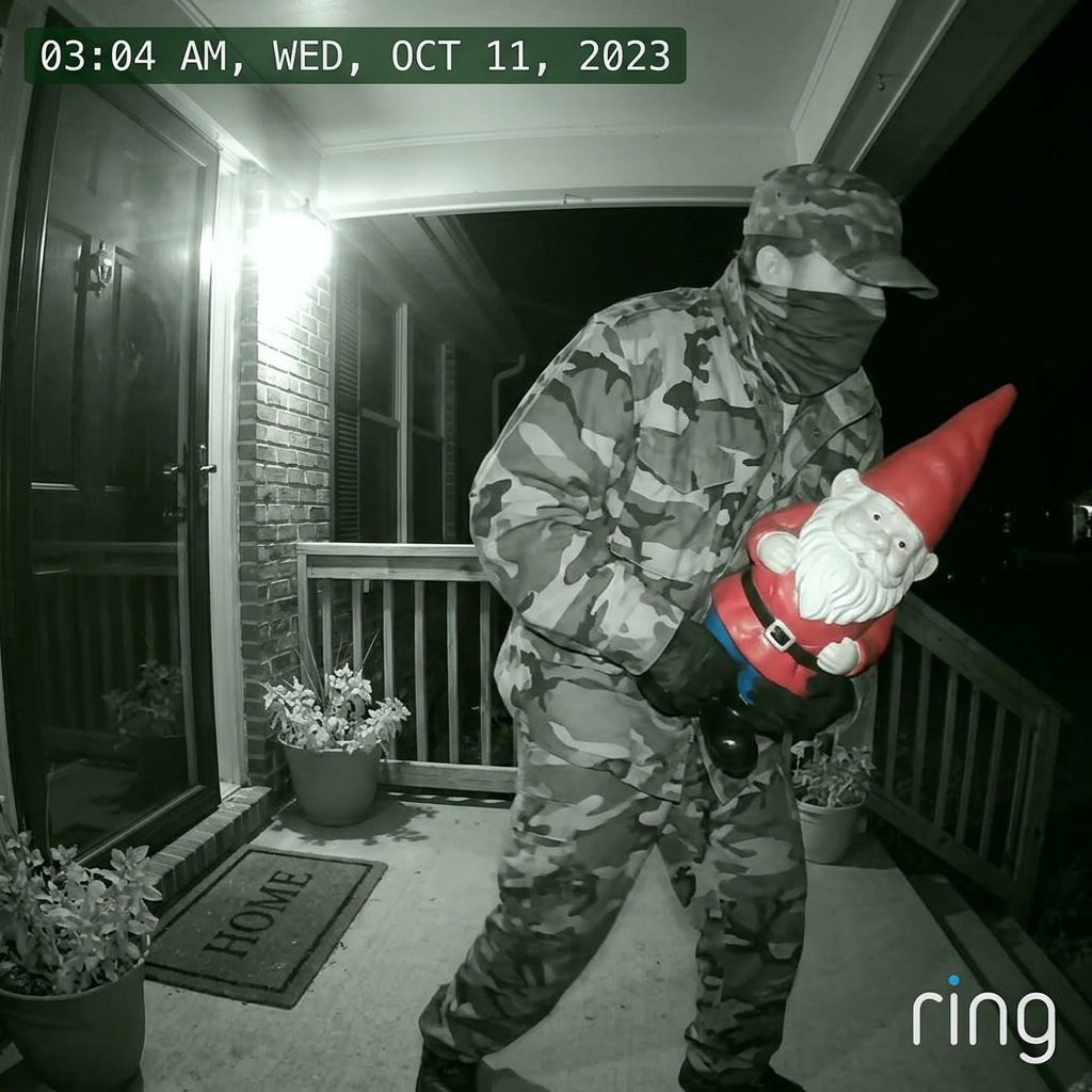 Caught stealing a garden gnome at 3 AM on Ring camera