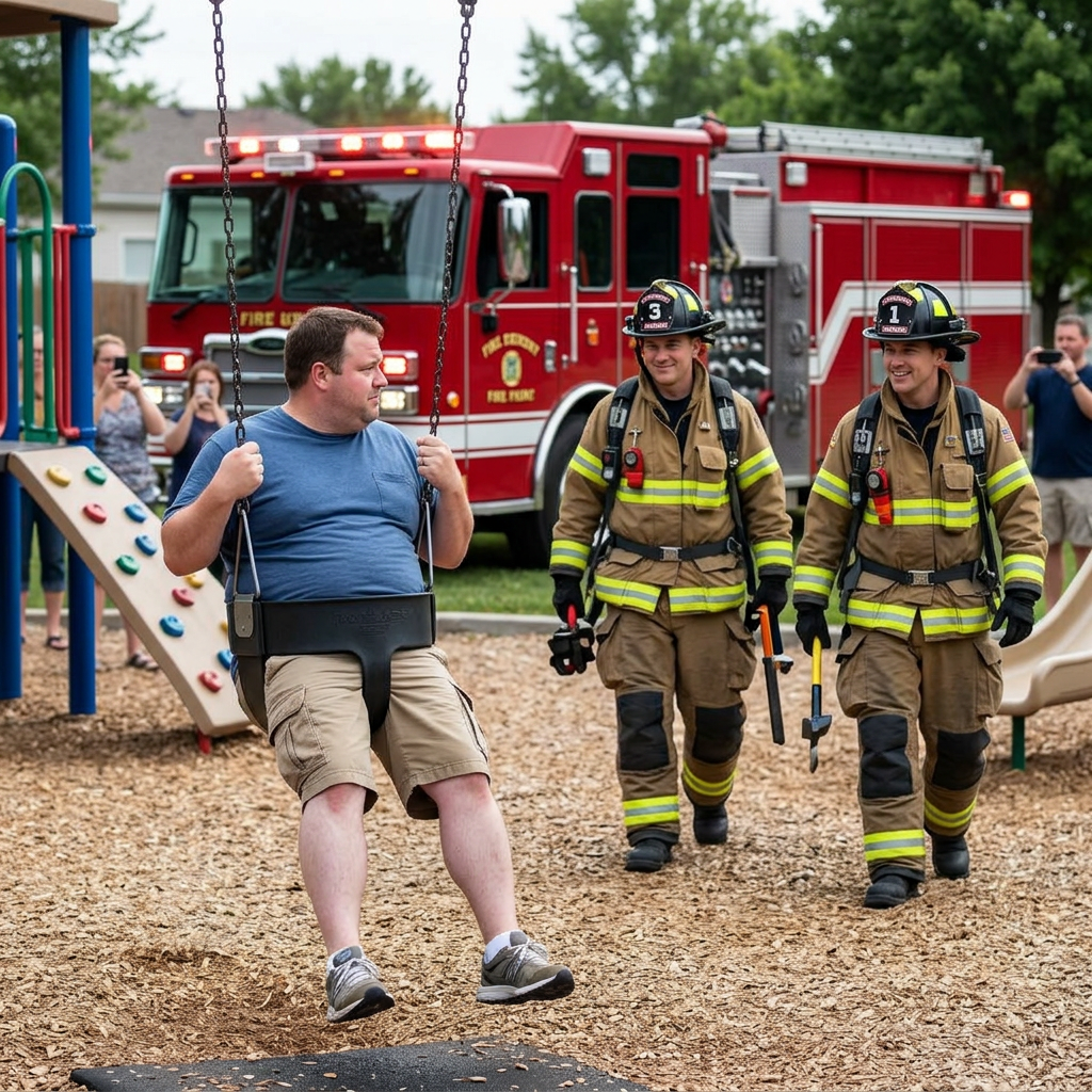 Stuck in a playground swing, fire department arriving